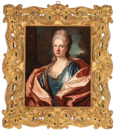 Retrato de una dama, busto, en un vestido de seda azul adornado con encaje y bordado con hilo de oro de Jean Ranc