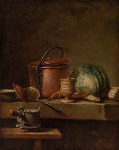 Bodegón con olla de cobre, repollo, mortero y estufa de Jean Baptiste Simeon Chardin