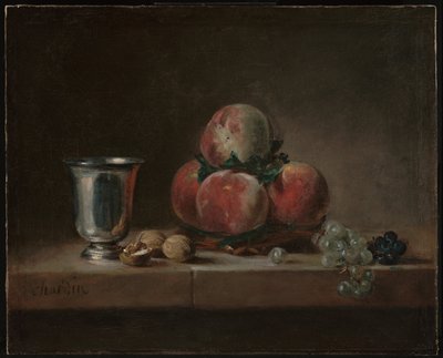 Naturaleza muerta con duraznos, una copa de plata, uvas y nueces de Jean Baptiste Simeon Chardin