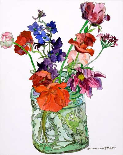 Delphiniums, Poppies  Others in Jar, 2011 (acuarela y tinta sobre papel) de Jean Swan Gordon