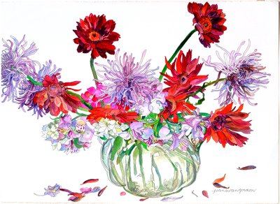 Gerberas, estrella de Belén, crisantemos araña, jarra Heisey, 2000 (acuarela y tinta sobre papel) de Jean Swan Gordon