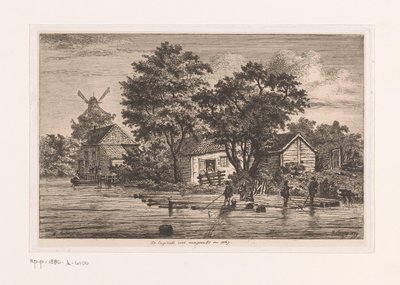 Vista del chaleco inglés en Amberes sobre el que se recogen troncos de árboles, edificios y un molino al fondo El chaleco inglés completado en 1867 (título sobre objeto) de Jean Théodore Joseph Linnig