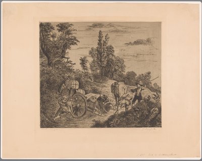 Paisaje que muestra una carreta atascada en el agua que está siendo levantada hasta la orilla por un grupo de hombres de Jean Théodore Joseph Linnig