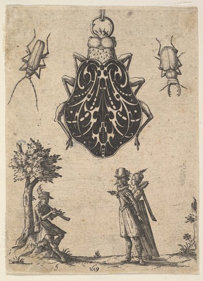 Colgante en forma de escarabajo con una pareja y un joven tocando un instrumento, 1619 de Jean Toutin