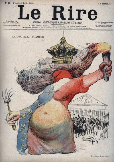 La nueva sala - Marianne con su rostro cubierto por un gorro frigio - Marianne vestida con un vestido en dos partes: un lado rojo y el otro decorado con flores de lis - (La caricatura se refiere a la división política entre republicanos y monárquicos) - di de Jean Veber