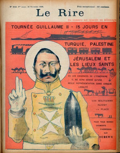 Gira de Guillermo II 15 días en Turquía; Palestina, Jerusalén y los lugares santos. Dadas las exigencias del itinerario, solo se dará una representación en cada localidad. Los militares pagan media entrada. Para más información, contacte con Veber