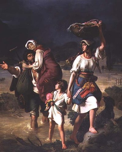 Campesinos romanos huyendo de la inundación del río Tíber de Jean Victor Schnetz
