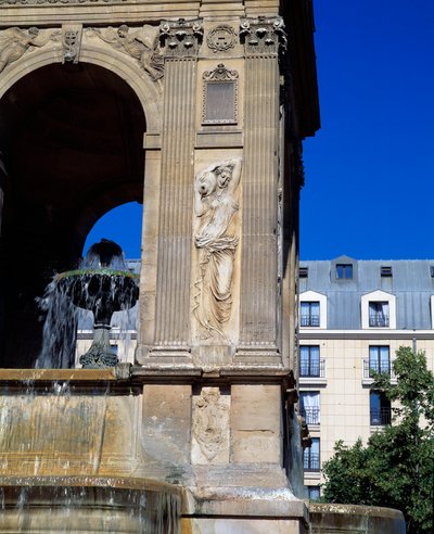 Arquitectura: detalle de la fuente de los Inocentes representando a las ninfas. Diseñada por los arquitectos Jean Goujon, Augustin Pajou y Pierre Lescot. 1546-1549. Plaza Joachim du Bellay, París de Jean and Lescot Pierre Goujon