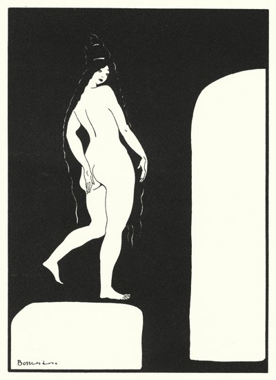 Los libros de amor de Ovidio: La propia Venus nunca se quita el velo, sino que, con mano modesta, cubre sus encantos (litografía en color). de Jean de Bosschere