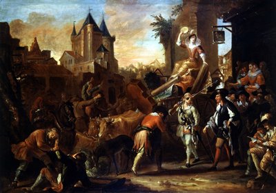 Llegada de los comediantes a Le Mans Pintura que ilustra "El Roman cómico" de Paul Scarron (1610-1660). Pintura de Jean-Baptiste (Jean Baptiste) Coulom (o Coulon) (ca. 1695-1735) de Jean de Coulom