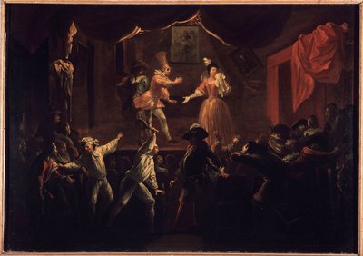 Éxitos deplorables de esta pieza. Uno de los jugadores de palma, cuya ropa había sido robada, da un gran golpe a La Rapiniere. Ilustración de "El Roman cómico" de Paul Scarron (1610-1660) de Jean de Coulom