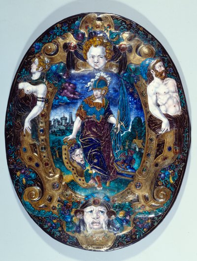 Bandeja de esmalte pintado representando a Minerva sobre fondo de paisaje creada por Jean Court dit Vigier (siglo XVI) (pintor esmaltador en LIMOGES) París, Museo del Louvre de Jean de Court
