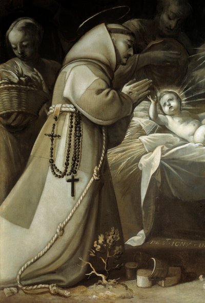 Adoración de los pastores Un monje rezando ante el niño Jesús. Pintura de Jean de Saint Igny de Jean de Saint Igny