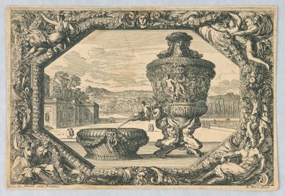 Una urna y un cuenco en escudo, de "Fontaines, Cuvettes et Cartouches" de Jean le Pautre