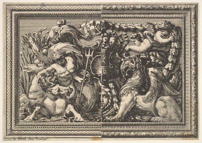 Diseño para un panel con dos variantes que contienen un hipocampo y un grifo, de: Ornements..., 1651 de Jean le Pautre