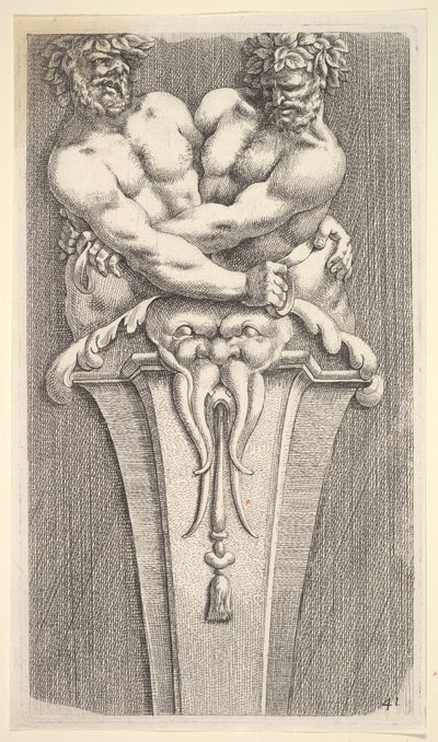 Diseño para un término con dos figuras báquicas, de: Curieuses recherches de plusieurs beaus ..., 1645 de Jean le Pautre