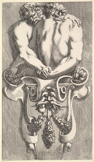 Diseño para un Término con Dos Sátiros Abrazados, de: Curieuses recherches de plusieurs beaus..., 1645 de Jean le Pautre
