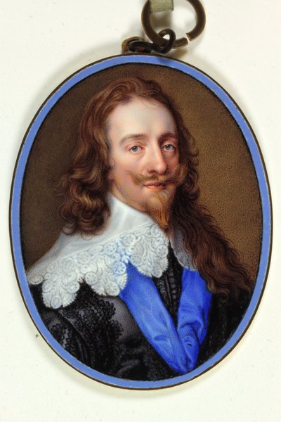 Rey Carlos I con hábito negro púrpura con cuello de encaje y cinta azul de la Jarretera de Jean the Elder Petitot