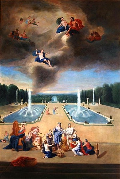 Bosques de Versalles. Vista del parterre de agua y los gabinetes de animales, con sacerdotisas preparando un sacrificio para Venus de Jean the Younger Cotelle