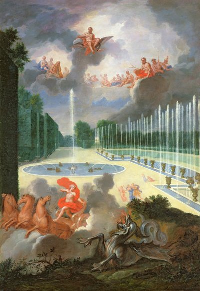 Los bosques de Versalles. Vista de la piscina del dragón y la piscina de Neptuno, con Apolo matando a Pitón de Jean the Younger Cotelle
