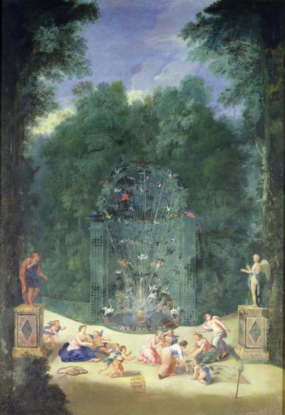 Los bosques de Versalles: Vista de la entrada al laberinto con pájaros, ninfas y querubines, 1688 de Jean the Younger Cotelle