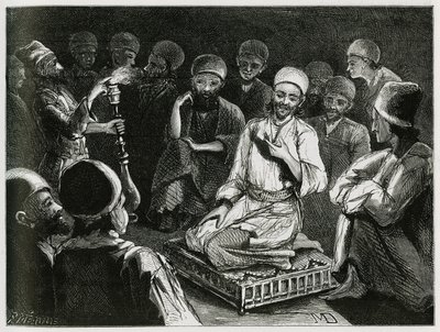 Narrador persa rodea a su audiencia. Grabado por el autor Viajero, para ilustrar la historia "Persia, Caldea y Susiana" de Jeanne Dieulafoy