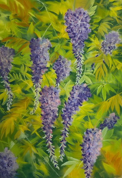 Flores y follaje de glicinas 2, 2023 (pastel sobre papel) de Jeanne Maze