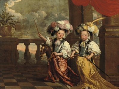 Un doble retrato de dos niños, de cuerpo entero, vestidos como caballeros, uno sosteniendo una flauta, el otro en un caballito de juguete sosteniendo un látigo, ambos de pie en un balcón, 1668 de Jeanne Vergouwen