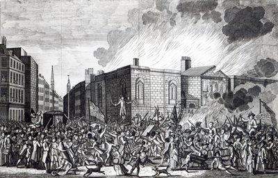 Una representación exacta del incendio, saqueo y destrucción de Newgate por los alborotadores el memorable 7 de junio de 1780, grabado por Henry Roberts, 1781 de Jefferyes Hammett O