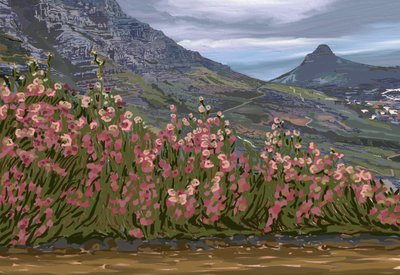 Vista de la montaña con flores rosas de Jenna Alheit