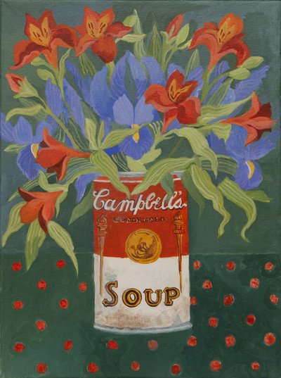 Iris y alstromeiria en lata de sopa Campbell (acrílico) de Jennifer Abbott