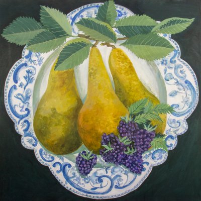 Peras en un plato, 2018 (acrílico sobre lienzo) de Jennifer Abbott
