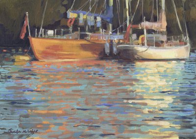 Reflejos de un yate por la tarde (óleo sobre lienzo) de Jennifer Wright