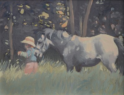 Caroline y Rosie The Pony (óleo sobre lienzo) de Jennifer Wright