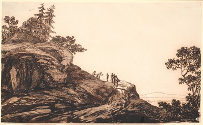 Paisaje montañoso con gente y burros en un camino de Jens Juel