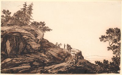 Paisaje montañoso con gente y burros en un camino de Jens Juel