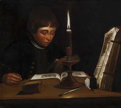 Niño leyendo con luz artificial de Jens Juel