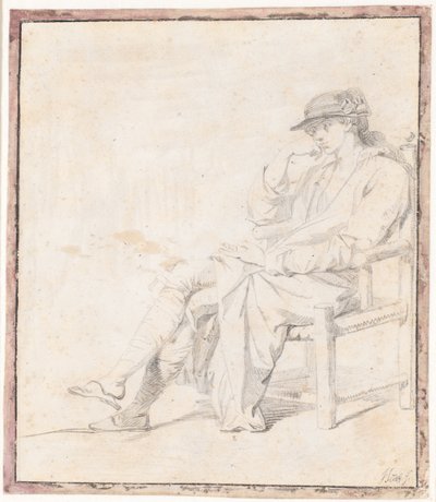 Un joven con sombrero y bata. Figura completa sentada, mirando hacia la izquierda de Jens Juel