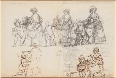 Diferentes bocetos para una escena de la obra de teatro "Chinafarene" de P.A. Heiberg de Jens Juel