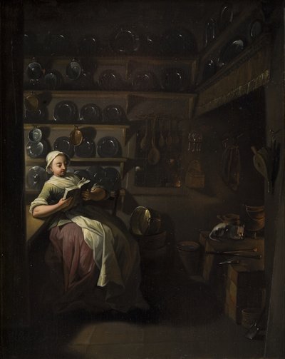 Interior de cocina con una niña leyendo de Jens Juel