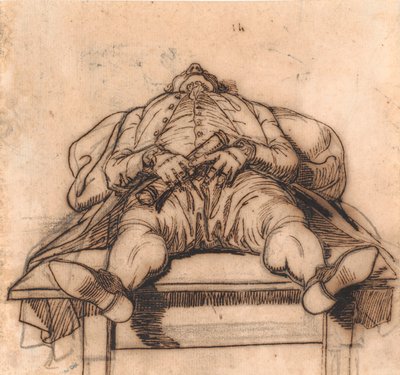 El grabador F.L. Bradt durmiendo en una mesa. Visto desde los zapatos y en fuerte escorzo de Jens Juel