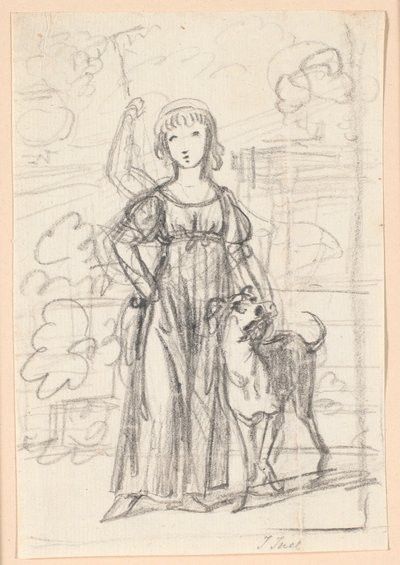 Boceto de composición para un retrato de una joven con la mano derecha en el costado y el brazo izquierdo alrededor del cuello de su perro, de pie junto a una escalera de jardín de Jens Juel