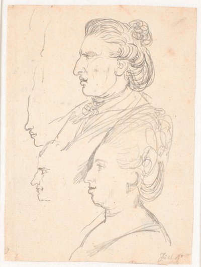 Retratos de perfil de la reina Caroline Mathilde, J.F. Struensee y Enevold Brandt, y un boceto, posiblemente de Juel mismo. Todos en perfil hacia la izquierda de Jens Juel