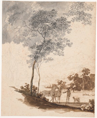 Paisaje suizo con un caballero sosteniendo dos caballos y un par de perros; estudio para el retrato de Jean-Armand Tronchin de Jens Juel