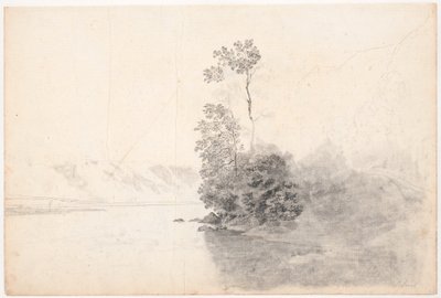 Paisaje suizo con árboles en una península en un lago de Jens Juel