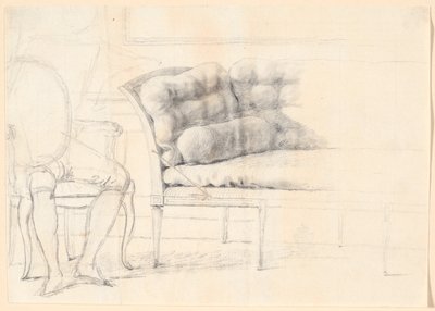 Estudio para el retrato familiar de Holmskiold de 1787: el sofá acolchado, y a la izquierda una silla con la figura de Holmskiold esbozada de Jens Juel