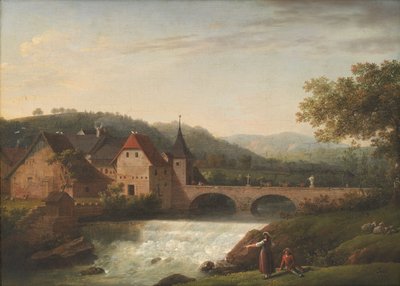 El puente y la cascada en Dornach, Suiza de Jens Juel
