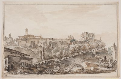 Vista de la ciudad con palacio e iglesia rodeados por un muro de Jens Petersen Lund