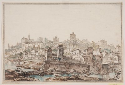 Vista de ciudad con casas e iglesia junto al río. Roma antigua de Jens Petersen Lund