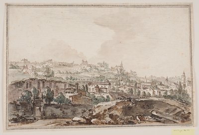 Vista de la ciudad con casas y muro junto al río; en el fondo iglesias y palacios de Jens Petersen Lund